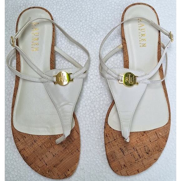 Lauren Ralph Lauren Anita Cork and Leather Flat Sandals White Size 10 Gold Logo - Picture 4 of 10